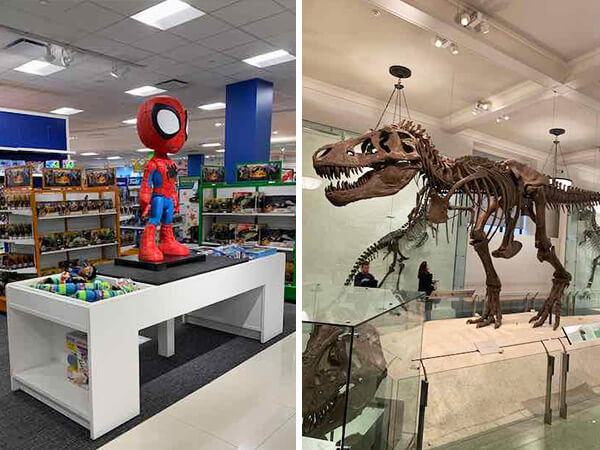 magasin de jouets et un squelette de dinosaure, pour un voyage à New York en famille